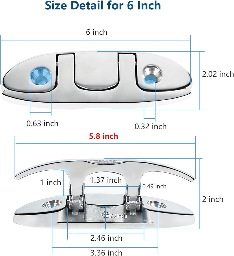 DEDU 4-1/2" Folding Boat Cleat 316 Stainless Steel, Marine Flip Up Dock Cleat 2 Holes, Boat Folding Cleat 6 Inch with Fasteners and Back Plates for Dock Lines Mooring Accessories (4 Pack) - Image 2